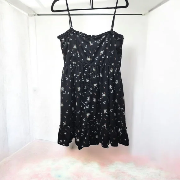 Lulus Cottagecore Black Floral Tie-Front Mini Dress – Size L Boho Romantic Cute - Picture 12 of 13